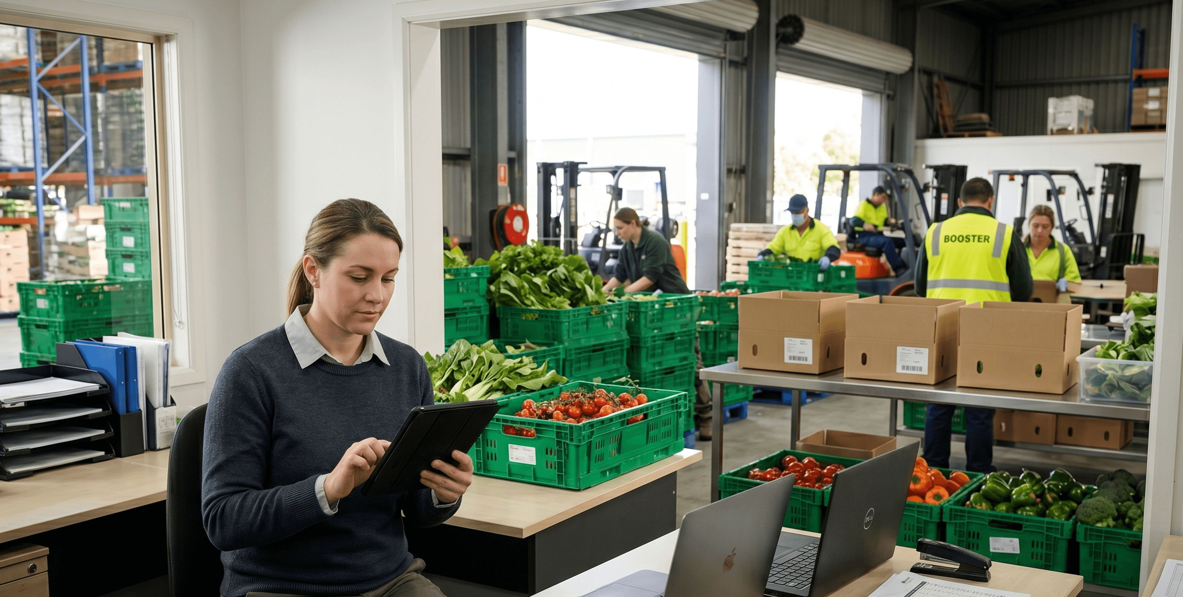 Produce business coordinator reviewing a customer order enquiry while warehouse dispatch activity continues nearby