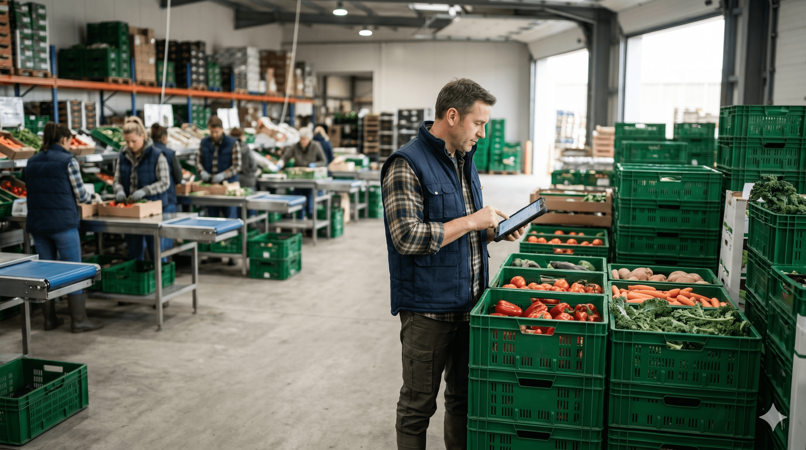 Produce warehouse manager reviewing orders beside packed crates of vegetables