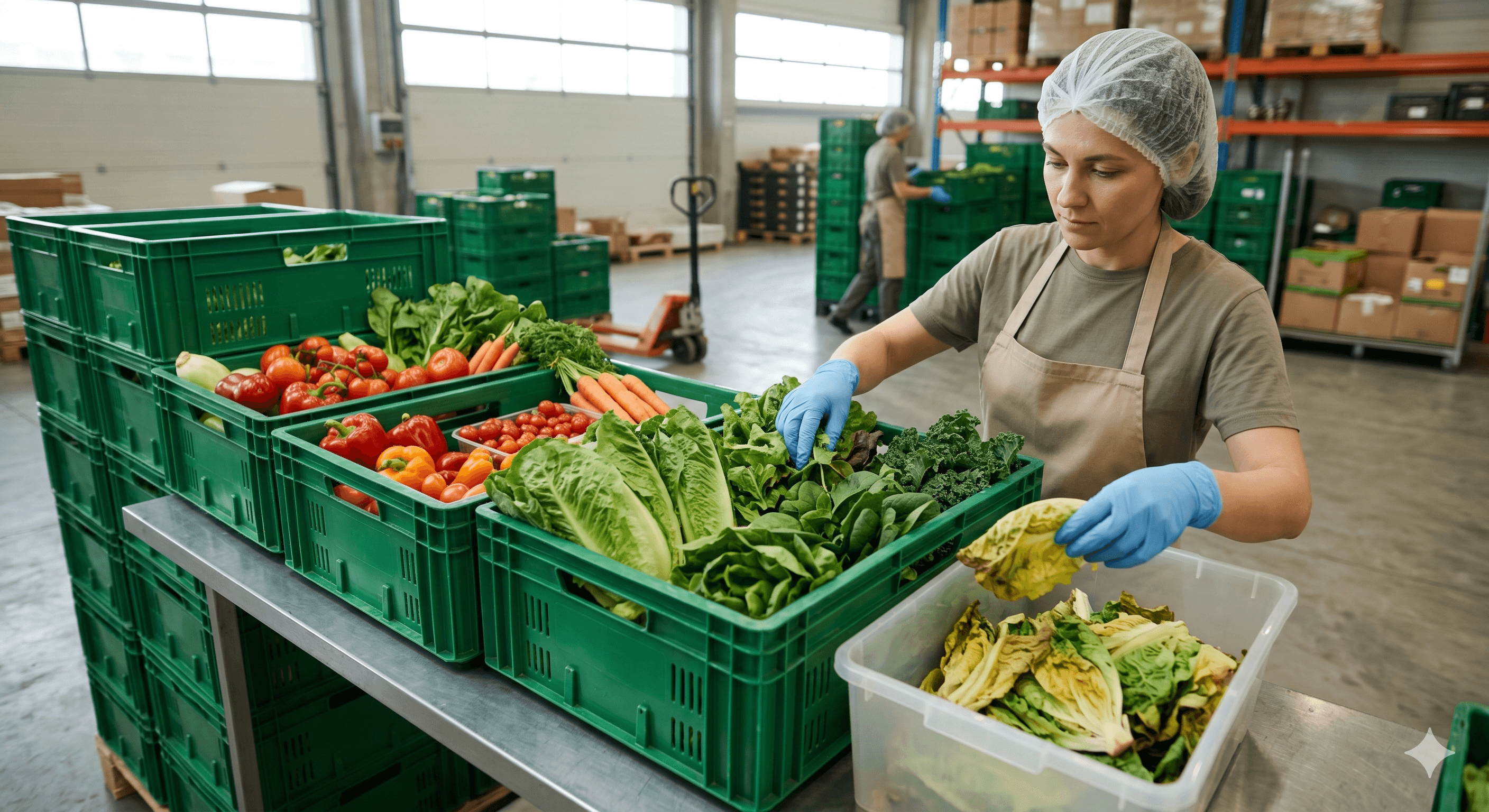 Quality inspector checking damaged leafy produce during receiving